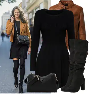 Outfit s Černá Šaty s dlouhým rukávem/Zimní šaty s dlouhým rukávem/Skater šaty/Zimní Pletené Šaty/Pletené Šaty/Svetrové Šaty Only "Podzimní Look"