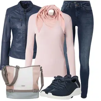 Outfit s Modrá/Tmavě Modrá Kožené Bund Bunda z Umělé Kůže/Kožené Bund/Motorkářské Bund/Motorkářská bunda/Kožená vintage bunda/Bunda s Bočním Zipem/Kožená Bomber Bund Maze "Podzimní Look"