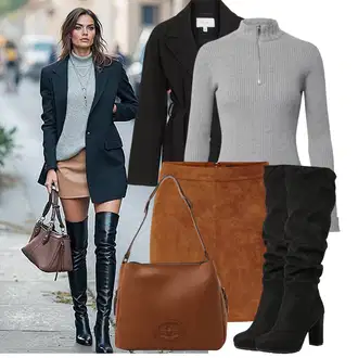 Outfiti za skunje sa Crna Prijelazni Kaput/Dugi kaput/Ljetni Kaput/Midi Kaput/Kaput od Kašmira/Vuneni kaput/Trenč Kaput/Vuneni Kaput/Baloner Vila, Crna Čizma do Koljena/Široke čizme/Čizma Iznad Koljena/Duga Čizma/Čizma na visoku petu/Čizma na Špic About You "Jesenski izgled"