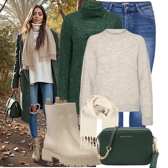 S Třásně Outfit s Hnědá/Béžová/Khaki Chelsea Boty/Kožená bunda/Gumová Kotníková Bota/Plochá Kotníková Bota/Kotníková Bota s Podšívkou About You "Lehký outfit"