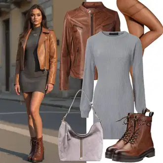 S pasom outfit mit Črna/Rjava/Siva/Temno siva Usnjena Jakna Jakna iz Umetnega Usnja/Usnjena Jakna/Slip-on jakna/Kratka Jakna/Vintage Usnjena Jakna DKNY "Moden videz za jesen"