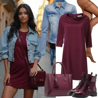 outfit mit Vinsko Rdeča/Temno Rdeča/Rdeča Gležnar Usnjena Jakna/Chelsea Škornj/Gumijasti Gležnar/Ravni Gležnjar/Usnjeni gležnjar dgn "Moden videz za jesen"