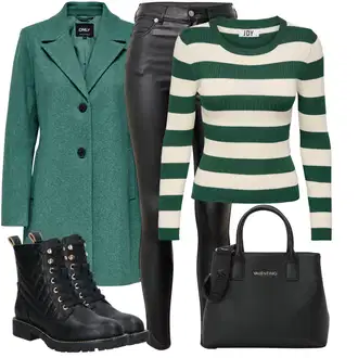 Elegantan Outfit sa Crna/Tamnozelena/Zeleno/Bijela Traperice Kožna Jakna/Bikerske Traperice/High Waist Traperice/Traperice s Prorezom/Termo Traperice Dr. Denim "Jesenski izgled"Look: Rap, Elegantan, Prekrasan, Mokri izgled, Old Money, Techno, Jazz, cool