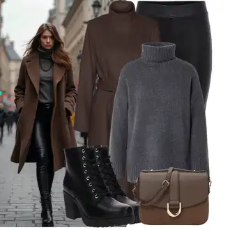 Outfit s Šedá/Hnědá/Tmavě zelená/Tmavě hnědá Přechodový Kabát/Lodenový kabát/Kašmírový Kabát/Vlněný Kabát/Trenčkot/Dlouhý kabát/Midi Kabát/Zimní Kabát Vlněný kabát/Dlouhý Kabát VERO MODA "Trendový zimní vzhled"