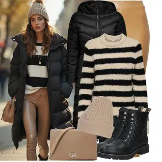 Prošívaný Outfit s Černá Šněrovací Kotníková Bota/Kožená bunda/Vycpaná kozačka/Gumová Kotníková Bota/Bojová Bota/Klasická kozačka/Plochá Kotníková Bota/Kozačka se zipem About You "Trendový zimní vzhled"