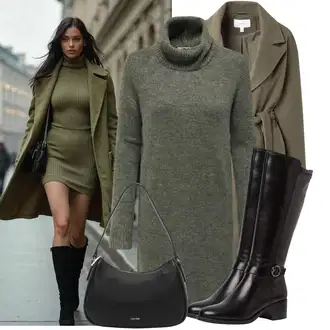 Kovbojka Outfit s Černá/Hnědá/Tmavě červená/Tmavě hnědá Kozačka po Kolena/Bota se širokým nohavici/Dlouhá Kozačka/Kozačka se zipem/Jezdecká Bota Tamaris "Zimní outfity"Look: Šik, Cool, Kovbojka, Elegantní