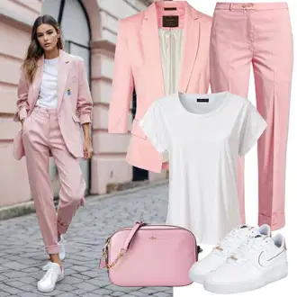 Ženske kombinacije za ured Ležerno, Poslovni Ljeto sa Pink/Crvena Odijelo/Pletenina SHEEGO, Krem/Bijela Tenisica s platformom/Debele Tenisice Big Star "Modni izgled za Vagu"Look: GoGo, Ured, Poslovni, Sveučilišna, Elegantan, Burleska, Preppy, Streetwear, Estetika, Atraktivan, Ležerno, Boja, Prevelik, Sportski, Trendi, Unisex