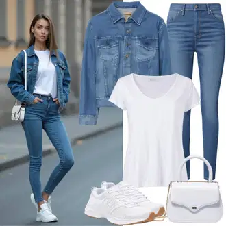 S zakovicama Outfit sa Svjetloplava/Krem/Plava Traper Jakna/Vintage Jakna/Kratka Traper Jakna Zadig & Voltaire "Modni izgled za Vagu"Look: Motor, S zakovicama, Jahanje