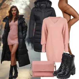 Dresses outfits Plemenita Zima mit Roza Pulover Obleka/Obleka s ščitnikom za vrat/Dolga pletena obleka/Zimska Pletena Obleka morgan "Modni zimski outfit"Look: Kolo, Plemenita, Preprosta, Glamurozno, Eleganten, Modna, Seksi, Softgirl, Egirl, Mehko, Prevelik, Overdressed