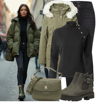 Umělá kožešina Outfit s Tmavě zelená/Zelená Zimní Bund/Bundeswehr Parka/Parka Přechodová Bund/Zimní Parka Hollister "Vzhled casual"