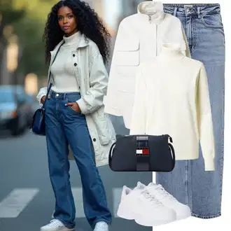 S Pertlanjem Outfit sa Svjetloplava/Plava Traperice Široke Nogavice/Formalna Košulja/Dad Traperice/Traperice s Prorezom/Mom Jean/Vrećaste Traperice/High Waist Traperice/Traperice Opuštenog Kroja/Vintage traperice/Culotte Traperice Only "Zimski izgled"