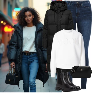 Nadrozměrné Outfit s Černá Dlouhý Zimní Kabát/Dlouhý Péřový Kabát/Péřový Kabát Only "Podzimní casual styl"Look: Hip Hop, Pro Dům, Nadrozměrné
