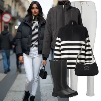 klasický Outfit sa Bijela/Siva/Svjetlosiva Kožna Jakna/Bikerske Traperice/Ženske Traperice 7/8 Dužine/Push-up Traperice/Muška Kožna Jakna/Termo Traperice/Traperice s Prorezom/Čizma do Gležnja/Kožne Cipele/Zimska jakna/High Waist Traperice/Traperice Slim Kroja jjxx "Zimske Odjeće"Look: Rap, Boja, klasický, Vanjski, Običan, cool