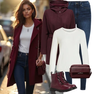 Outfit sa Ljubičasta/Tamnocrvena/Crvena/Vinski Crveno Prijelazni Kaput/Softshell Kaput/Kaput od Flisa/Kaput od Vunenog Flisa/Vuneni kaput/Pleteni Flis Kaput/Scuba Kaput/loden kaput/Kaput s Kapuljačom Only "Trendovska jesenska odjeća"