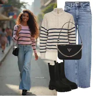 Outfit sa Svjetloplava/Plava Traperice Široke Nogavice/Formalna Košulja/Dad Traperice/Traperice s Prorezom/Mom Jean/Vrećaste Traperice/High Waist Traperice/Traperice Opuštenog Kroja/Vintage traperice/Culotte Traperice Only "Jesenski Outfit"