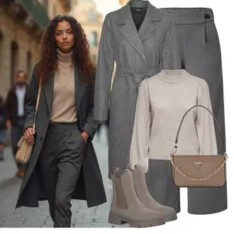 Outfit s Šedá/Světle šedá/Tmavě šedá Široká Kalhoty/3/4 Kalhoty/Culotte Kalhoty/Mušelínové kalhoty/Palazzo Kalhoty/Plisovaná kalhoty/Kožená Pánská Bund JdY "Podzimní Outfit"