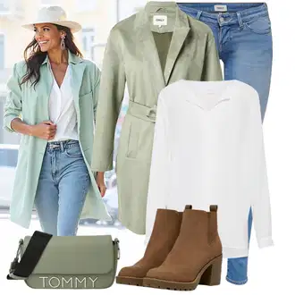 Outfit s Tmavě Zelená/Zelená/Světle Zelená Midi Kabát/Lodenový Kabát/Kašmírový Kabát/Vlněný Kabát/Letní Kabát Only "Cool podzimní outfit"