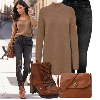 Vysoké Podpatky Outfit s Hnědá/Oranžová Šněrovací Kotníková Bota/Vintage Kotníková Bota/Kožená kotníková bota/Vintage šněrovací bota/Vintage kozačka Mustang "Cool podzimní outfit"