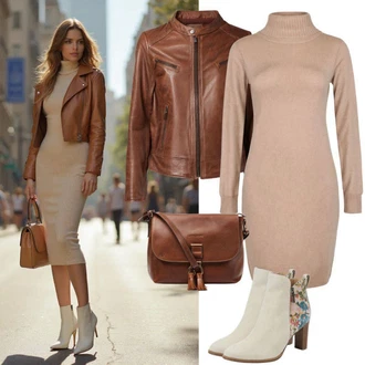 Babydoll, Styl Outfit s Béžová/Hnědá/Khaki/Oranžová Šaty S Rolákem/Svetrové Šaty/Zimní Pletené Šaty/Pletené Šaty in the Style "Outfit v podzimních barvách"Look: Styl, Old Money