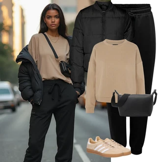 Nadrozměrné Krátká Outfit s Khaki/Béžová/Hnědá Fleecová Mikina/Sportovní mikina/Kožená bunda Pieces "Trendový podzimní outfit"Look: Chill, Nadrozměrné, Unisex, Univerzitní, Sportovní