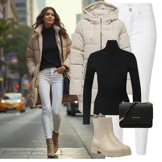 S Třásně Outfit s Hnědá/Béžová/Khaki Chelsea Boty/Kožená bunda/Gumová Kotníková Bota/Plochá Kotníková Bota/Kotníková Bota s Podšívkou About You "Podzimní casual styl"