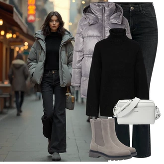 Outfity z džínu Zvonové kalhoty s Černá/Šedá/Tmavě šedá Kožené Boty/Zvonové Džíny/Džíny s Nízkým Sedem/Zimní bunda/Pánské tričko/Džíny s Rozparkem Only "Outfit na podzim"