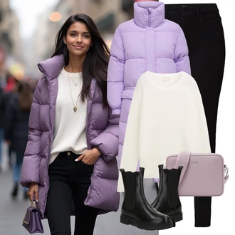 Stojáček Outfit s Fialová Zimní Kabát/Dlouhý Zimní Kabát/Prošívaný kabát/Dlouhý Péřový Kabát/Péřový Kabát/Nafukovací Kabát JdY "Zimní Vzhled"