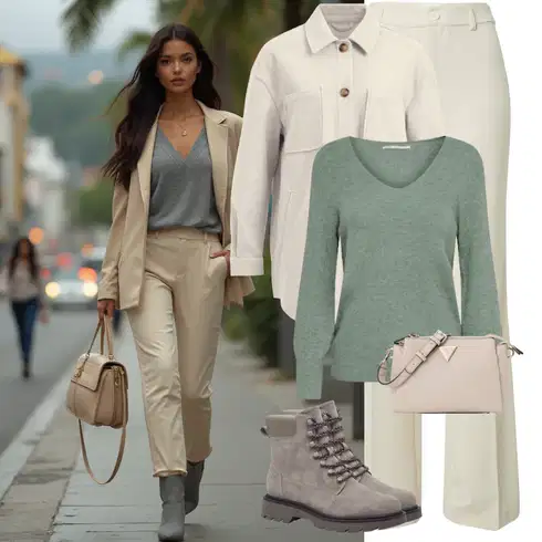 Kombinace Khaki/Béžová Palazzo Kalhoty/Kalhoty Bootcut/Kalhoty s Vysokým Pasem/Obleková Kalhoty/Zvonová Kalhoty/Mušelínové kalhoty/Kalhoty s nášivkou uprostřed/Rozšířená Kalhoty/Marlene Kalhoty/Kalhoty se Štěrbinou about you x laura giurcanu