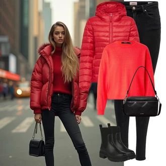 Outfit sa Crvena Prošivena Jakna/Pernata Jakna/Održiva Jakna/Ljetna pod-Jakna/Donja Jakna/Zimska Jakna/Jakna za Pakiranje/Puferica Jakna/Jakna s Kapuljačom Only "Trendovska jesenska odjeća"