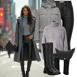 Outfit s Černá Kozačka se zipem/Jezdecká Bota/Bota na klínku/Plochá kozačka nad koleno/Klasická kozačka/Kozačka po Kolena/Bota se širokým nohavici/Ovčí Kožešinová Bota/Dlouhá Kozačka About You "Trendový podzimní outfit"