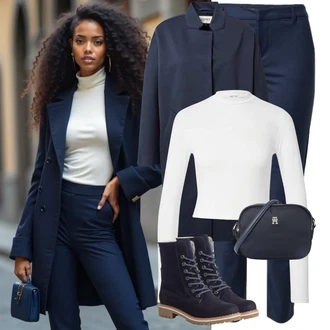 Outfit s Tmavě Modrá/Modrá Přechodový Kabát/Scuba Kabát/Vlněný Kabát/Midi Kabát/Oversize Kabát/Kašmírový Kabát/Zimní Kabát Vlněný kabát/Kabát Tří Čtvrtě Délky/Letní Kabát/Lodenový kabát/Dlouhý kabát ESPRIT "Zimní Outfity"