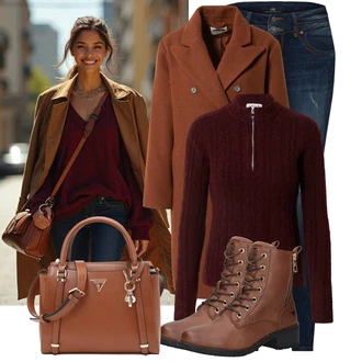 Outfit s Červená/Oranžová/Hnědá Přechodový Kabát/Vlněný Kabát/Kabát z Kabanosu/Kašmírový Kabát/Zimní Kabát Vlněný kabát/Midi Kabát/Oversize Kabát/Vintage Kabát Noisy may "Trendový podzimní outfit"