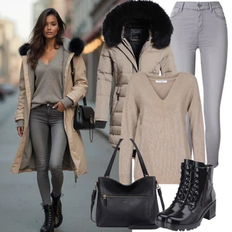 Outfity pro práci Zima s Černá Šněrovací Kotníková Bota/Kožená bunda/Vycpaná kozačka/Gumová Kotníková Bota/Bojová Bota/Klasická kozačka/Plochá Kotníková Bota/Kozačka se zipem About You "Perfektní pro zimu"