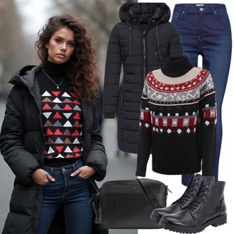 Chic outfity Zima s Černá Nafukovací Bund/Dlouhé bundy/Letní peřová bunda/Bunda na přetažení přes hlavu/Zimní Bund/Puchová Bund Only, Červená Norský Svetr/Vlněný Svetr Zizzi, Černá Šněrovací Kotníková Bota/Kožená bunda/Vycpaná kozačka/Gumová Kotníková Bota/Bojová Bota/Klasická kozačka/Plochá Kotníková Bota/Kozačka se zipem/Šněrovací Kozačka About You "Perfektní pro zimu"