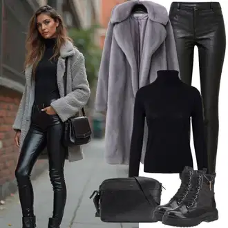 Outfit s Hnědá/Béžová/Šedá Teddy Kabát/Kožich Kabát/kabát z Lamy About You "Perfektní pro zimu"