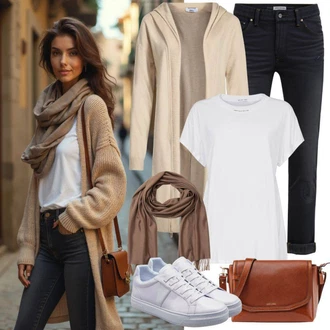 Outfit s Hnědá/Béžová/Bílá/Khaki/Krémová Kardigan Zimní svetr/Svetr kroj/Svetr s podšívkou/Dlouhé Kardigany/Vlněný kardigán/Kašmírový kardigán/Svetr boucle VERO MODA "Podzimní outfit pro každodenní nošení"