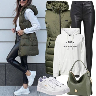 Squash Outfit s Zelená/Tmavě zelená Vlněná Vest/Vest bez Rukávů/Dlouhá Vest/Moderní Svetrová Vest/Jemně Pletený Svetr Ichi "Podzimní Vzhled"Look: Baseball, Squash
