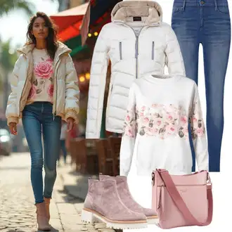Zimske Outfiti Kratka mit Bela/Krem/Roza United Colors of Benetton, Krem/Bela/Bež Zimska Jakna/Napihnjena Jakna/Trajnostna Jakna/Poletna Jakna/Prešita Jakna/Puhovka Armani Exchange "Popolno za zimo"
