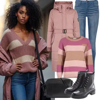 Zimske Outfiti Kratka mit Temno rdeča/Roza/Bela/Rjava/Rdeča Črtasti Pulover morgan "Popolno za zimo"