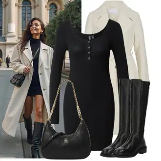 Babydoll, Styl Outfit s Černá Šaty s dlouhým rukávem/Dlouhé pletené šaty/Zimní Pletené Šaty/Svetrové Šaty/Zimní šaty s dlouhým rukávem Pieces "Stylový Podzimní Outfit"Look: Babydoll, Kancelář, Příliš oblečený, Old Money