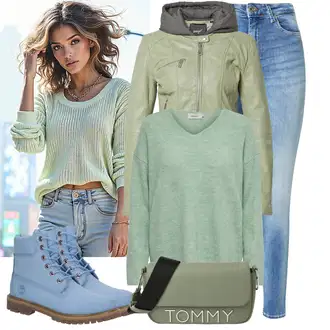 Outfity z džínu Skinny s Světle modrá/Modrá Kožená bunda/Džíny s Rozparkem/Džíny s Dírou/Zimní bunda/Push up Džín/High Waist Džínové Kalhoty/Navlékací džíny/Kotníková Bota/Kožené Boty/Kožená Pánská Bund VERO MODA "Trendový podzimní outfit"