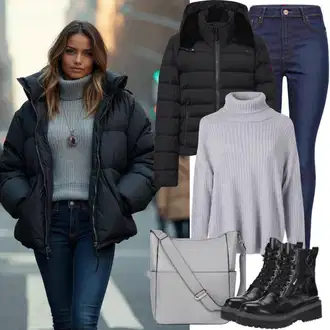 vypchaný Outfit sa Tamnoplava/Plava Kožna Jakna/Zimska jakna/Push-up Traperice/Kožne Cipele/High Waist Traperice/Termo Traperice Noisy may "Savršeno za zimu"