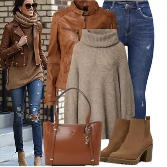 Outfit s Oranžová/Hnědá Motorkářská bunda/Kožené Bund/Kožená Bomber Bund/Bunda z Umělé Kůže/Motorkářské Bund/Kožená vintage bunda Maze "Ležérní Vzhled"