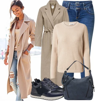 Italský Outfit s Modrá/Tmavě modrá/Šedá Teniska Kožené Tenisky/Nízká Teniska/Úzká Teniska/Tenisky s Bočním Zipem/Letní Tenisky/Bota Na Pěší Turistiku Tamaris "Trendový podzimní outfit"Look: Blokování barev, Cool, Italský, Námořní, Venkovní, Chytrý příležitostný, Sportovní, Unisex