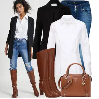 Outfity z džínu Ribcage Rovná noha s Bílá/Krémová Businessová Halenka/Blůza s knoflíčkem/Žehlení odolná blůza/Halenka Slim Fit About You "Cool podzimní outfit"