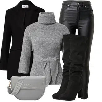 Elegantan Outfit sa Crna/Tamnozelena/Zeleno/Bijela Traperice Kožna Jakna/Bikerske Traperice/High Waist Traperice/Traperice s Prorezom/Termo Traperice Dr. Denim "Jesenski izgled"Look: Rap, Elegantan, Prekrasan, Mokri izgled, Old Money, Techno, Jazz, cool