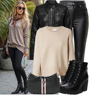 Elegantan Outfit sa Crna/Tamnozelena/Zeleno/Bijela Traperice Kožna Jakna/Bikerske Traperice/High Waist Traperice/Traperice s Prorezom/Termo Traperice Dr. Denim "Jesenski izgled"Look: Rap, Elegantan, Prekrasan, Mokri izgled, Old Money, Techno, Jazz, cool