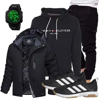 Outfit mit Schwarz/Dunkelblau/Dunkelgrau Wanderjacke/Reitjacke/Thermojacke/Segeljacke/Wasserdichte Jacke/Skijacke/Jacke mit Seitlichem Reißverschluss/Kapuzenjacke/Outdoorjacke/Winterjacke/Trekkingjacke/Funktionsjacke MAGCOMSEN "Sportlich Outfit"