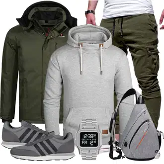 Outfit mit Dunkelgrün/Grün Segeljacke/Wachsjacke/Innenfutter Jacke/Wanderjacke/Funktionsjacke/2in1 Jacke/Outdoorjacke/Trekkingjacke/Wasserdichte Jacke Höhenhorn "Sportlich Outfit"