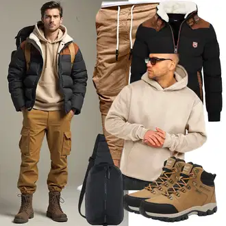 Outfit mit Schwarz/Rot/DunkelRot/Bordeaux/Braun KunstfaserJacke/TrachtenstrickJacke/ThermoJacke/DaunenJacke/HerbstJacke/KapuzenJacke/Außergewöhnliche Jacke/SteppJacke/WinterJacke/Puffer Jacke Behype "Street Style Outfit"